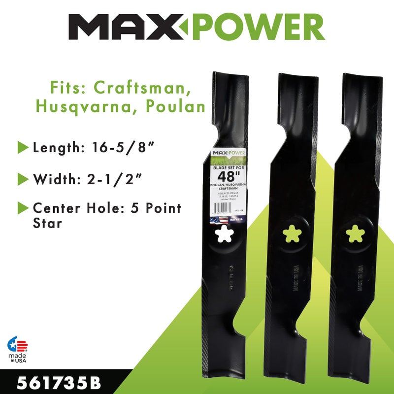 MaxPower 561735B 3 Blade Set for Many 48 in. Cut Craftsman, Husqvarna, Poulan Mowers Replaces OEM #'s 173920, 180054, 532180554, 575938201, PP24005 - Image 3